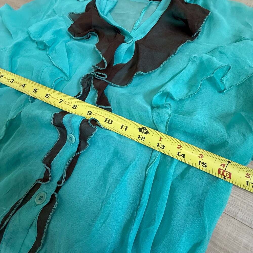 Vintage Silk Sonia Fortuna Turquoise Brown Ombre Ruffle Tunic Blouse Size Small - Picture 3 of 6
